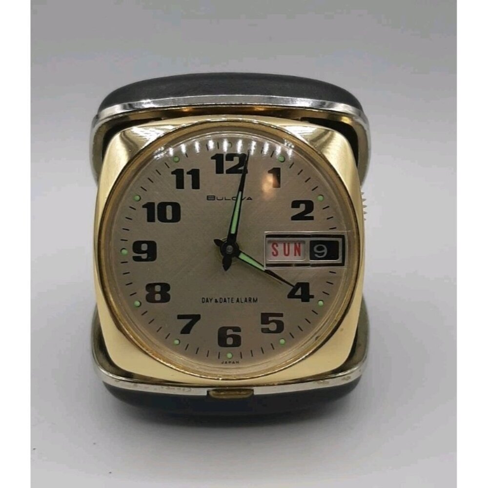 Vintage Bulova Travel Alarm Clock With Day And Date Japan in Black Case Read